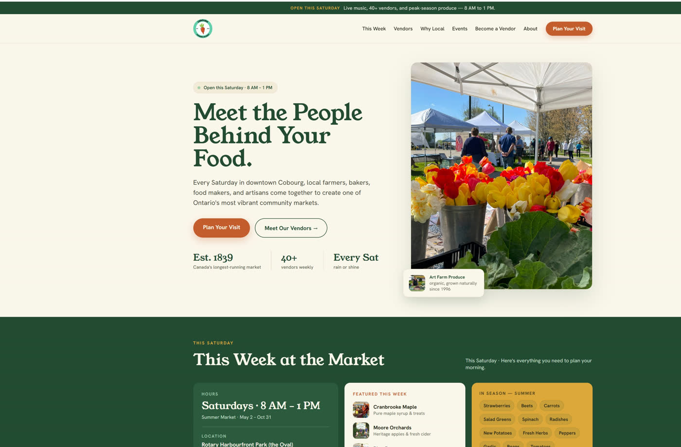 A rebuilt farmers market website shown in a browser frame