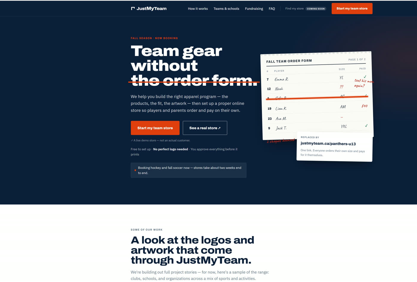 The JustMyTeam website after the rebuild